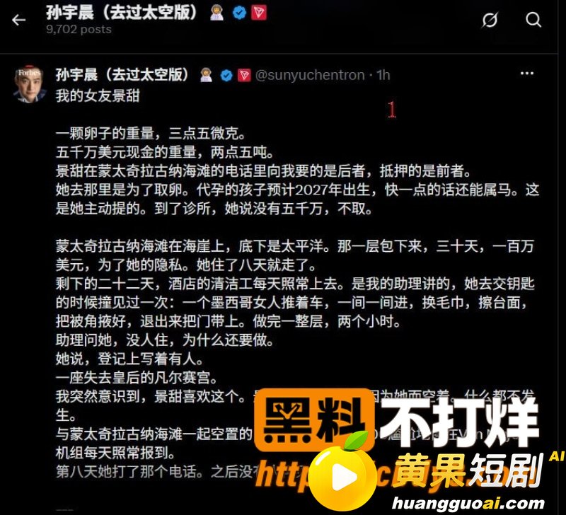 币圈大佬孙宇晨起诉景甜 一颗卵子竟价值五千万美金 两人聊天记录和不雅视频被扒